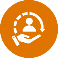 A person is holding an orange circle with arrows pointing to it.