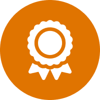 A white ribbon and a medal on an orange circle.